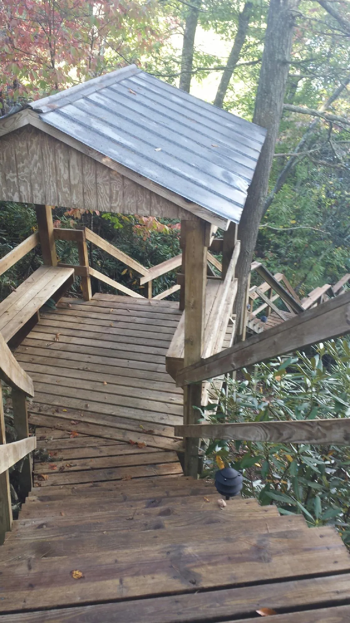 Metal roofed shelter over wooden steps on a wooded walkway — Skylight Repair & Installation work by our crew in Crockett